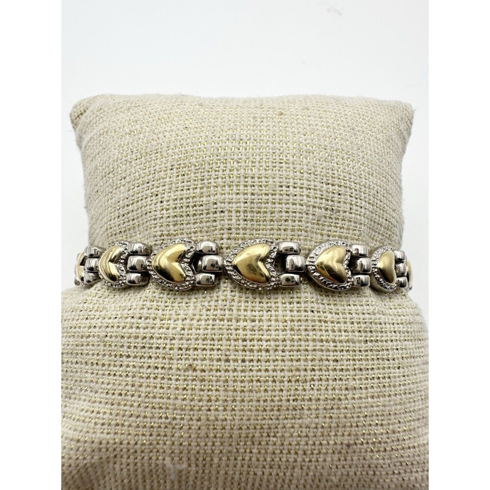 Two Tone Metal Fashion Heart Link Bracelet Vintage 6.75”